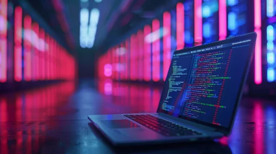 Laptop displaying code in a colorful server room, illustrating custom vs. off the shelf database solutions for businesses
